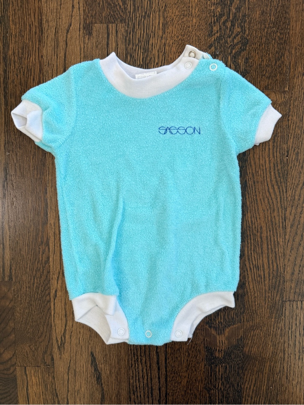 Vintage Aqua Terry Cloth Short-Sleeve Baby One-Piece with White Trim 6-12 months